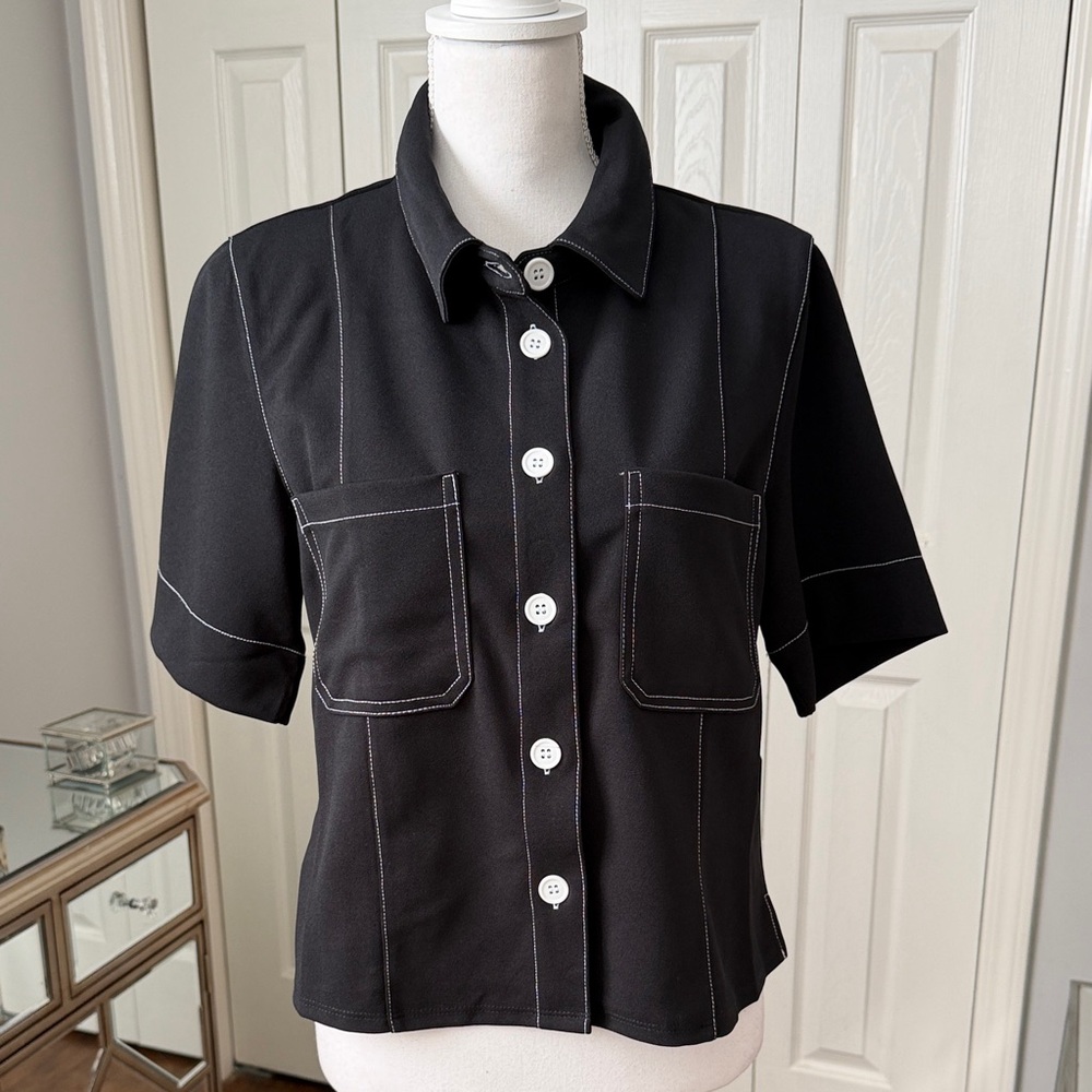 Rachel Roy Super Trendy Short-Sleeve Boxy Button Front &!Stitching NWT Size L ❤️